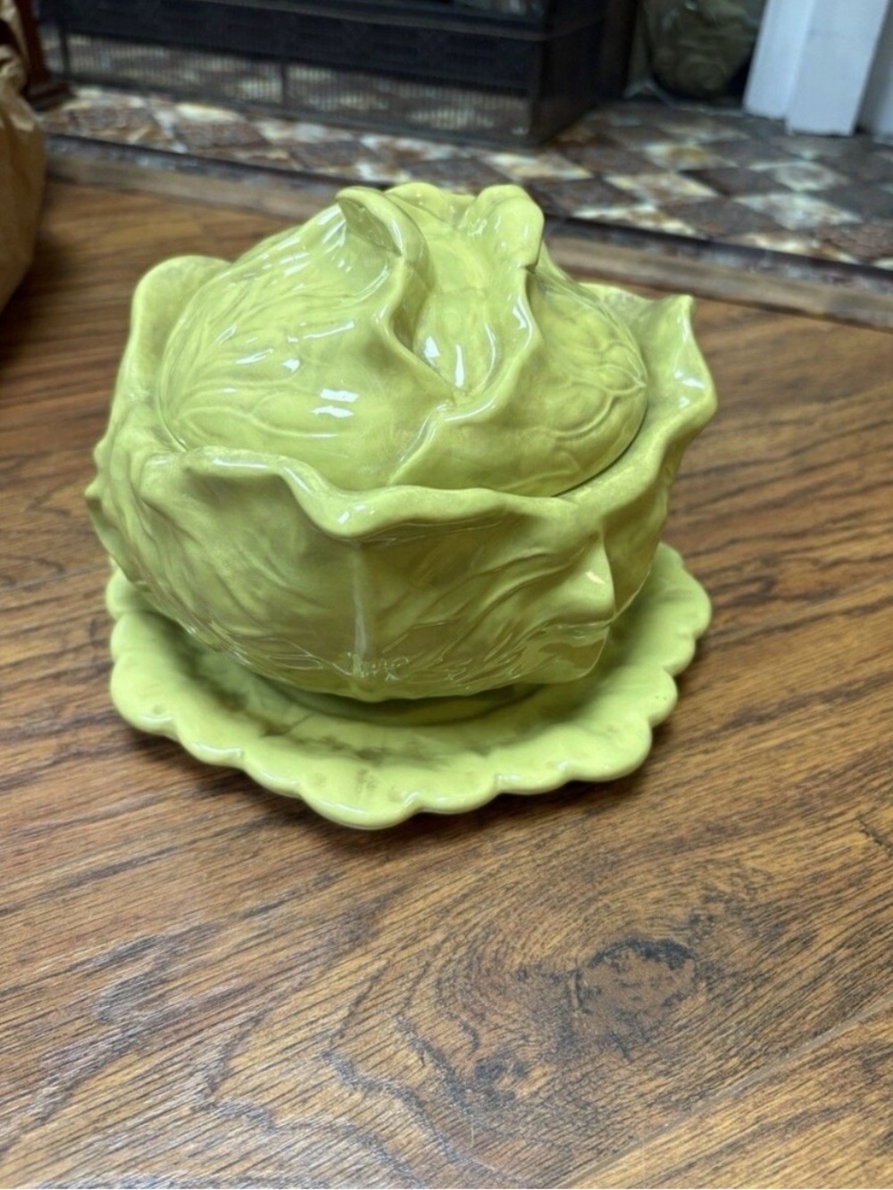 Green Cabbage Leaf Ceramic Covered Bowl Lid Underplate 3 Piece Majolica Set